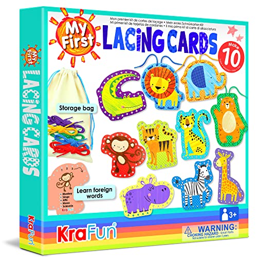 KRAFUN Beginner Preschool Lacing Card Kit for Kids Arts & Crafts, 5 Easy Safari and Animal Lacing Projects, Lacing Cards for Toddlers, Fine Motor Skills Training Toys