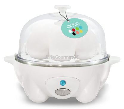 Elite Gourmet EGC-007## Rapid Egg Cooker, 7 Easy-To-Peel, Hard, Medium, Soft Boiled Eggs, Poacher, Omelet Maker, Auto Shut-Off, Alarm, 16-Recipe Booklet, BPA-Free, White