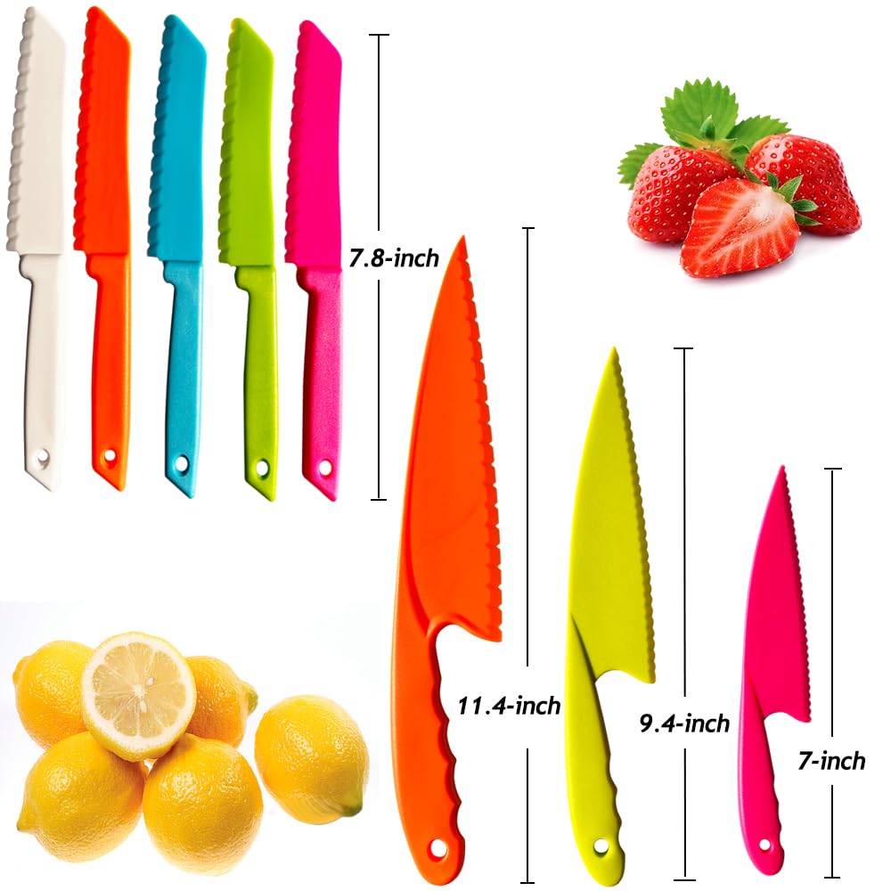 Kids Knife Set for Real Cooking Toddler Kitchen Tools Include 4 Serrated Edges Plastic Safe Knives,Crinkle Cutter Y Peeler Cutting Boards Wood Kids Knife, Kitchen Gloves, Fruit Forks and Dough Cutters