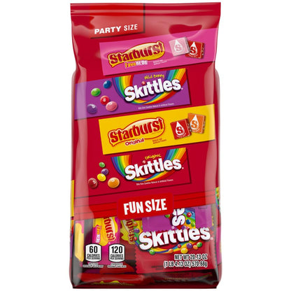 SKITTLES Original, SKITTLES Wild Berry & STARBURST Original and STARBURST FaveReds Fun Size Nut Free Individually Wrapped Trick or Treat Halloween Candy Variety Pack, Party Size, 20.13 Oz Bulk Bag