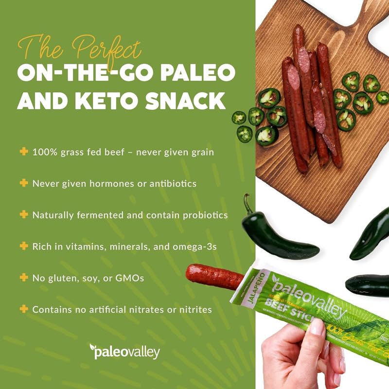 Paleovalley 100% Grass Fed Original Beef Sticks - Delicious Gluten Free Beef Snack - High Protein Keto Friendly