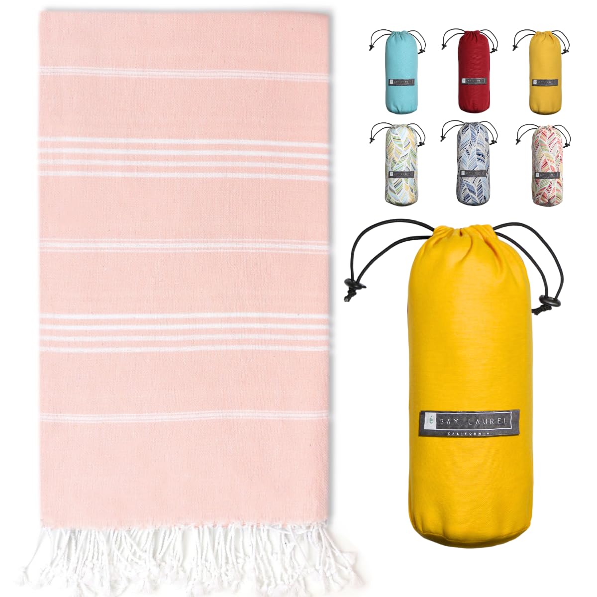 BAY LAUREL Turkish Beach Towel with Travel Bag 39 x 71 Quick Dry Sand Free Lightweight Large Oversized Towels Light