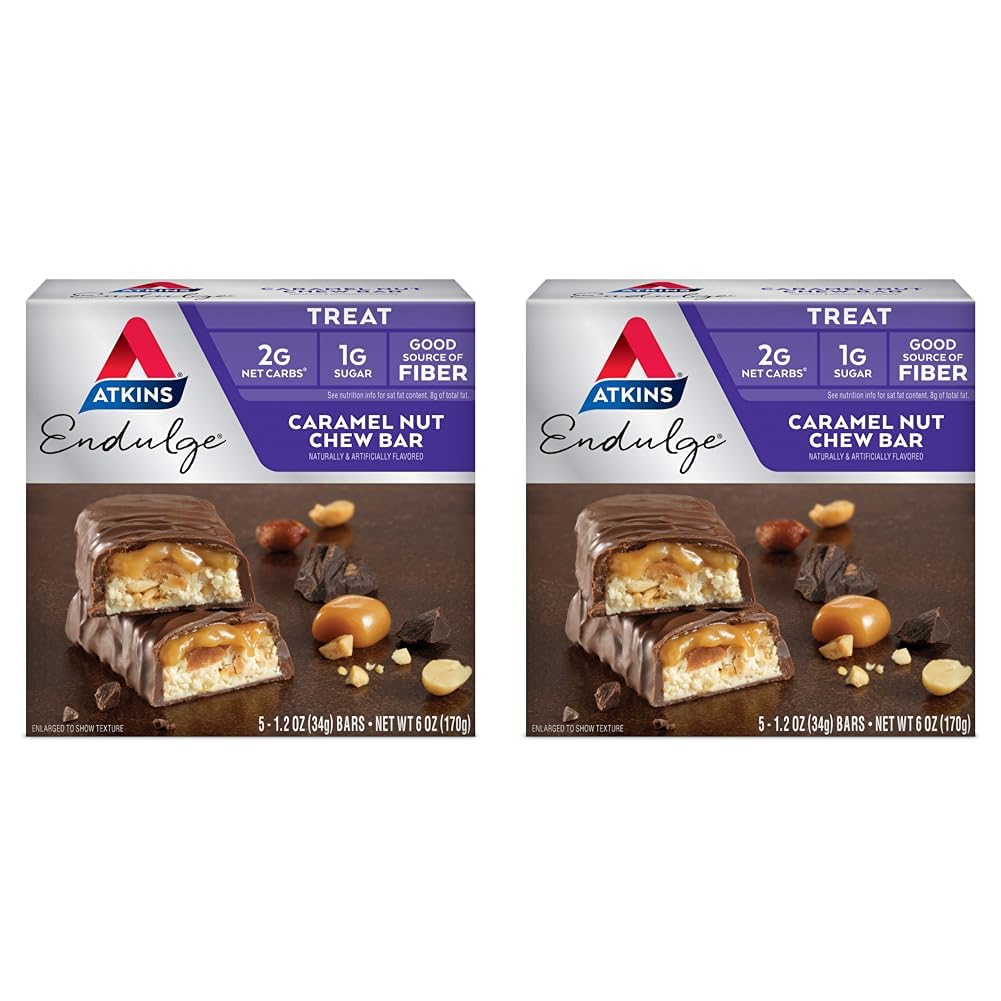 Atkins Endulge Caramel Nut Chew Bar, Dessert Favorite, 1g Sugar, Good Source of Fiber, Low Sugar, 10 Count