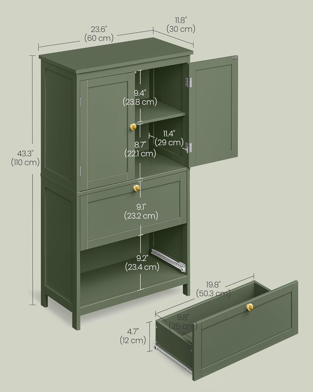 VASAGLE Bathroom Floor Storage Cabinet, Bathroom Storage Unit, Freestanding Cabinet with 2 Drawers and 2 Doors, Adjustable Shelf, 11.8 x 23.6 x 43.3 Inches, Forest Green UBBC551C01