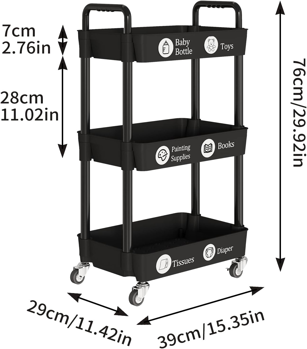 Laiensia 3-Tier Kitchen Storage Cart,Multifunction Utility Rolling Storage Organizer,Mobile Shelving Unit Cart with Lockable Wheels for Bathroom,Laundry,Living Room,With Classified Stickers,Black