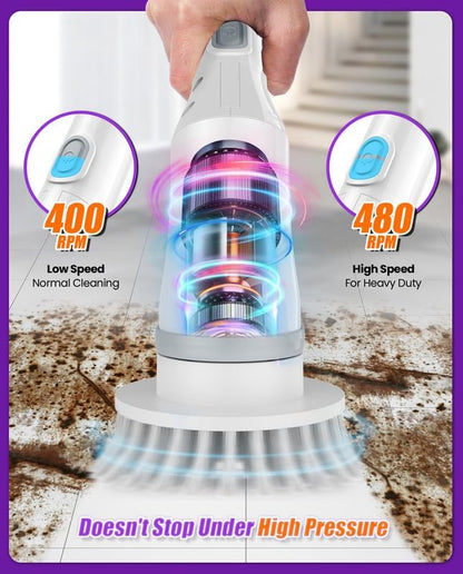 Electric Spin Scrubber, Cordless Cleaning Brush IPX7 Waterproof with 6 Replaceable Brush Heads, 2H Power Dual Speed, Shower Scrubber with Extension Handle for Bathroom Tub Tile Floor Car