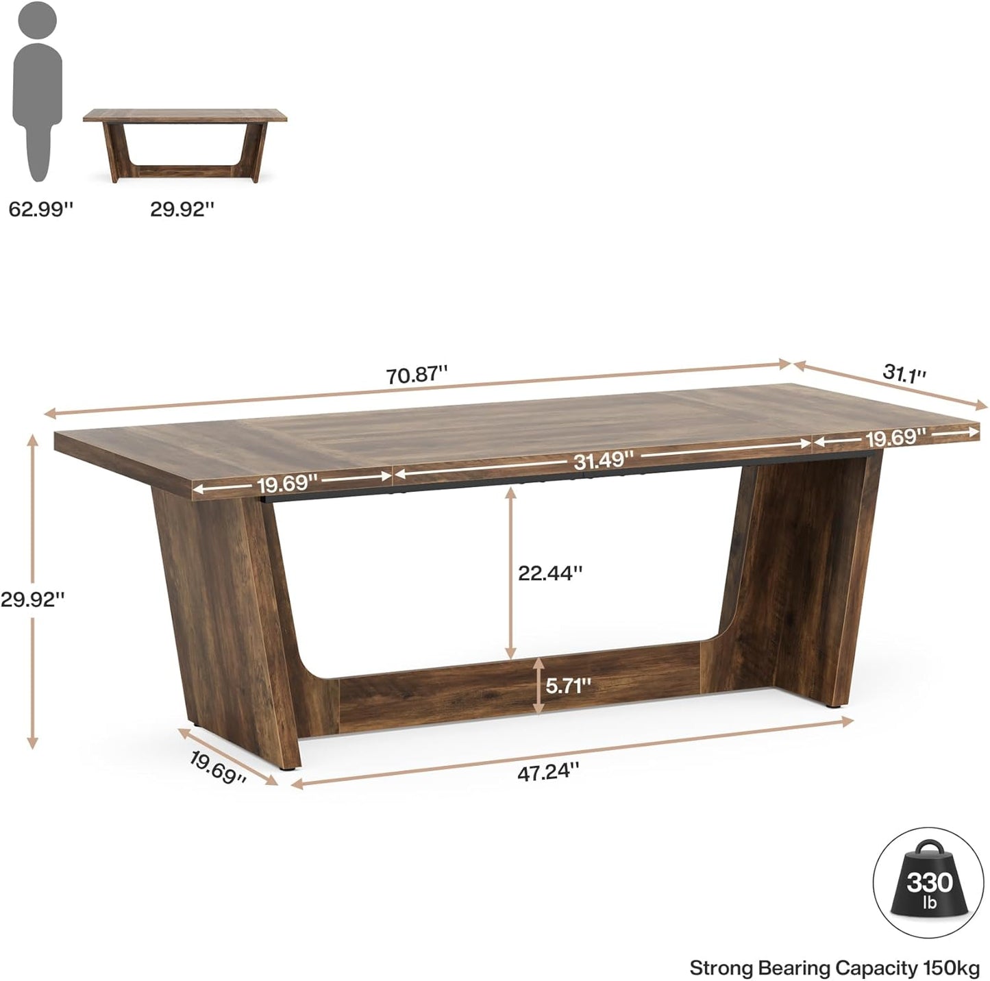 Tribesigns 70.87-Inch Executive Computer Desk: Large Home Office Desk with Solid Wooden Pedestal, Industrial Wood Study Writing Table, Workstation Business Furniture, Brown