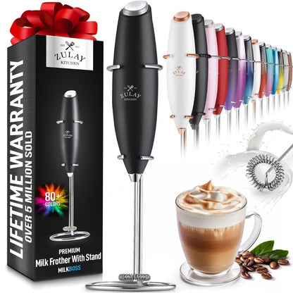 Zulay Powerful Milk Frother (4 Duracell Batteries Included) - Handheld Milk Frother Wand Drink Mixer for Coffee - Powerful Milk Foamer for Cappuccino, Frappe, Matcha & Coffee Creamer - Black