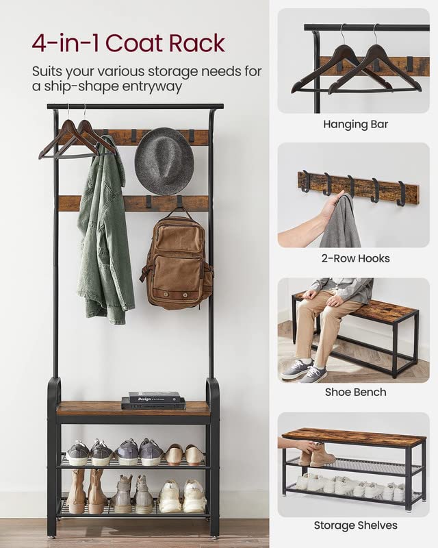 VASAGLE Coat Rack, Hall Tree with Shoe Bench for Entryway, Entryway Bench with Coat Rack, 4-in-1, with 9 Removable Hooks, a Hanging Rod, 13.3 x 28.3 x 72.1 Inches, Honey Brown and Black UHSR040B05