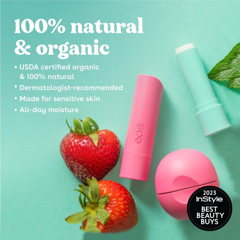 eos 100% Natural & Organic Lip Balm Sticks- Vanilla Bean, All-Day Moisture, Dermatologist Recommended, 0.14 oz, 2-Pack