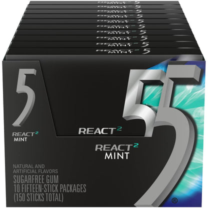 5 GUM Peppermint Cobalt Sugar Free Chewing Gum Bulk, 15 Sticks (Pack of 10)