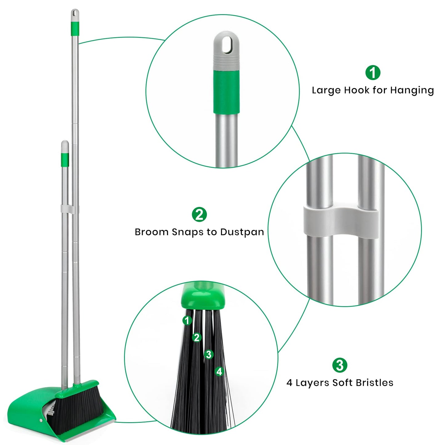 TreeLen Broom and Dustpan Set with 52" Long Handle for Home Kitchen Room Office Lobby Floor Use Upright Stand Up Stand Up Broom with Dustpan Combo