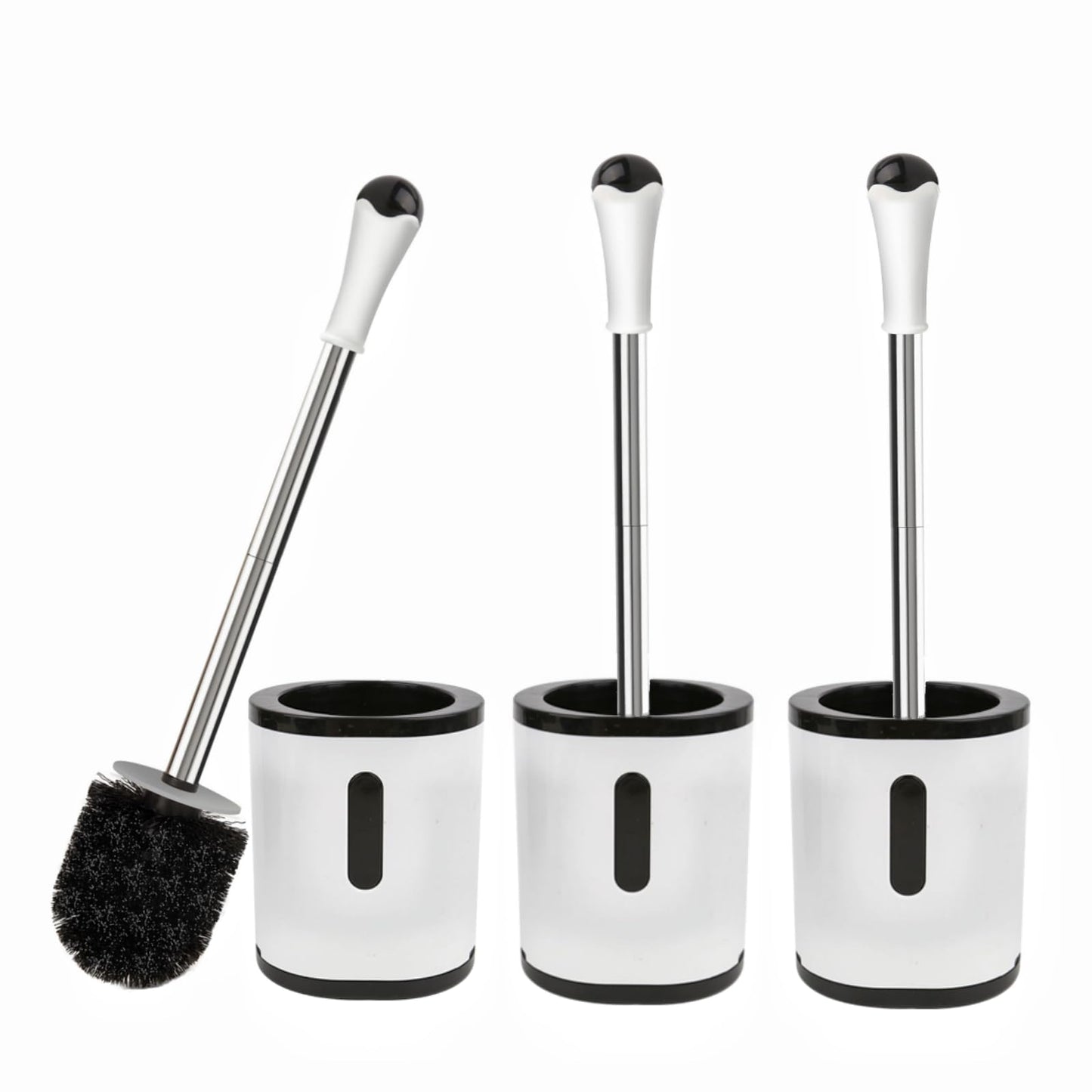 Compact Toilet Brush & Holder, Stainless Steel Handle, Space Saving for Storage, Deep Cleaning, Drip-Proof, Easy to Assemble, Nylon Bristles, White & Grey