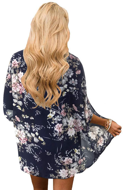 Women's Floral Print Puff Sleeve Kimono Cardigan Loose Cover Up Casual Blouse Tops