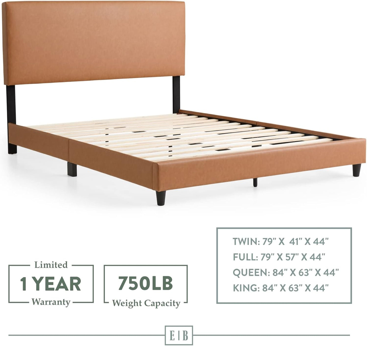 Edenbrook Platform Bed with Headboard – No Box Spring Needed – Faux Leather Upholstered Platform Bed Frame – Low Profile – Easy Assembly – Camel – Full Size