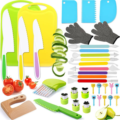 Kids Knife Set for Real Cooking Toddler Kitchen Tools Include 4 Serrated Edges Plastic Safe Knives,Crinkle Cutter Y Peeler Cutting Boards Wood Kids Knife, Kitchen Gloves, Fruit Forks and Dough Cutters