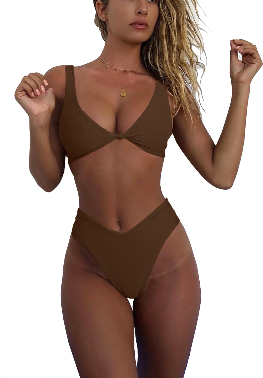 Bikini Set for Women Solid V Neck Knot Front Push Up High Leg Thong Two Piece Swimsuit