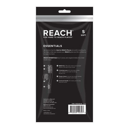 Reach Essentials Toothbrush with Toothbrush Caps, Multi-Zoned Angled Soft Bristles, Contoured Handle, Tongue Scraper, 6 Count