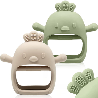 2 Packs Baby Teething Toy for 0-6 6-12 months, Food Grade Silicone Teething Mitten, Anti Dropping Wrist Hand Teethers Baby Chew Toys for Sucking Needs, BPA Free (Green & Caramel)