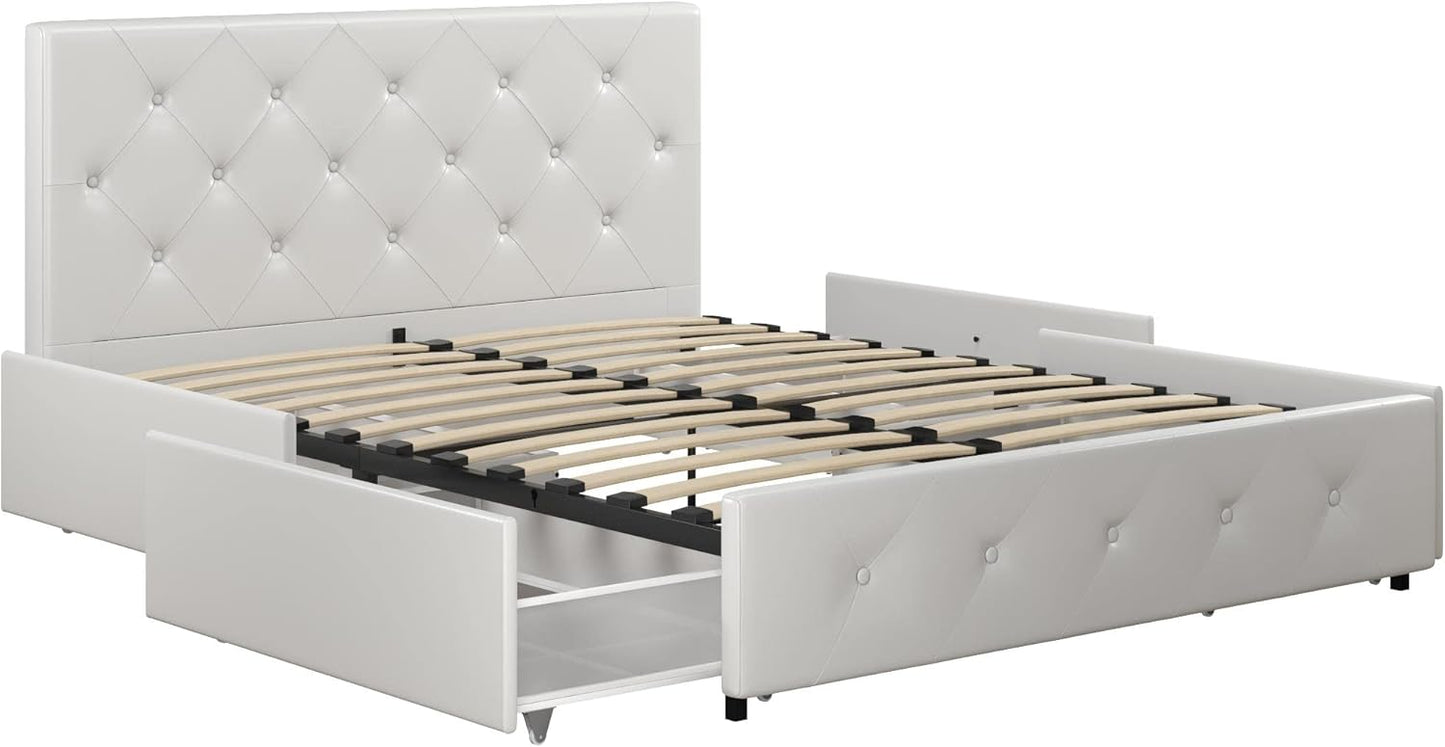 DHP Dakota Upholstered Platform Bed with Underbed Storage Drawers and Diamond Button Tufted Headboard and Footboard, No Box Spring Needed, Full, White Faux Leather