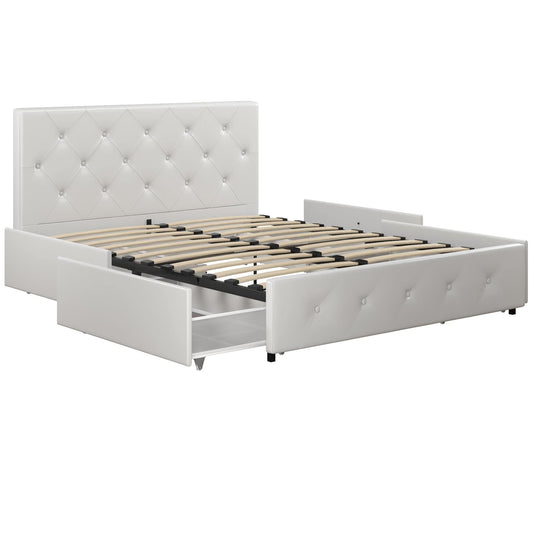 DHP Dakota Upholstered Platform Bed with Underbed Storage Drawers and Diamond Button Tufted Headboard and Footboard, No Box Spring Needed, Full, White Faux Leather