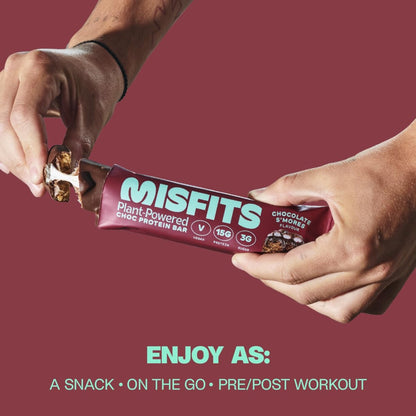 Misfits Vegan Protein Bar, Variety Pack, Plant Based Chocolate Protein Bars, High Protein Snacks for Adults with 15g Plant Protein Per Bar, Low Carb, 1g Sugar, High Fiber, Healthy Snack Food, 12 Pack