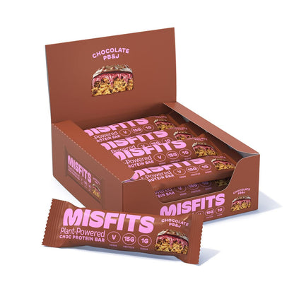 Misfits Vegan Protein Bar, Variety Pack, Plant Based Chocolate Protein Bars, High Protein Snacks for Adults with 15g Plant Protein Per Bar, Low Carb, 1g Sugar, High Fiber, Healthy Snack Food, 12 Pack