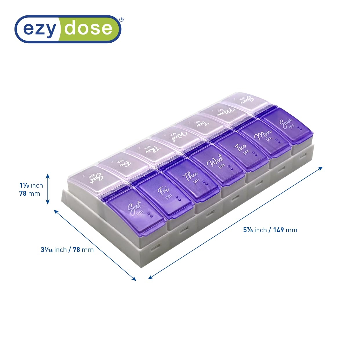 EZY DOSE Weekly (7-Day) AM/PM Pill Case, Medicine Planner, Vitamin Organizer Box, Small Pop-out Compartments, 2 Times a Day, Blue and Purple Lids, BPA Free