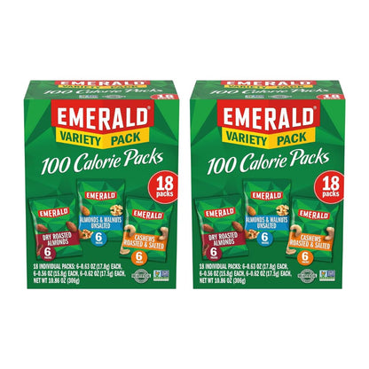 Emerald Nuts Mixed Nuts Variety Pack 18ct (1-Pack) , 100-Calorie Individual Packs , Features Dry Roasted Almonds, Natural Almonds & Walnuts, and Roasted & Salted Cashews