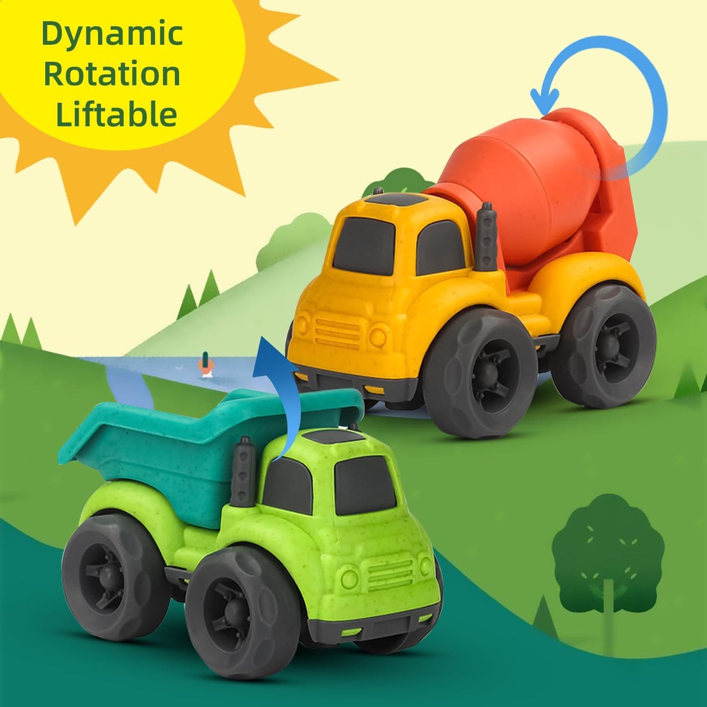 Toddler Car Toys for 1-3 Year Old, BPA Free, Phthalates Free, PVC, Dump Truck, Mixer Cement, Easter Christmas Birthday Gifts for 2 3 4 Year Boy Girl. Dishwasher Safe, Recycled Plastic