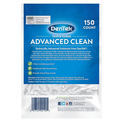 DenTek Triple Clean Advanced Clean Floss Picks, No Break & No Shred Floss, 20 Count, 6 Pack