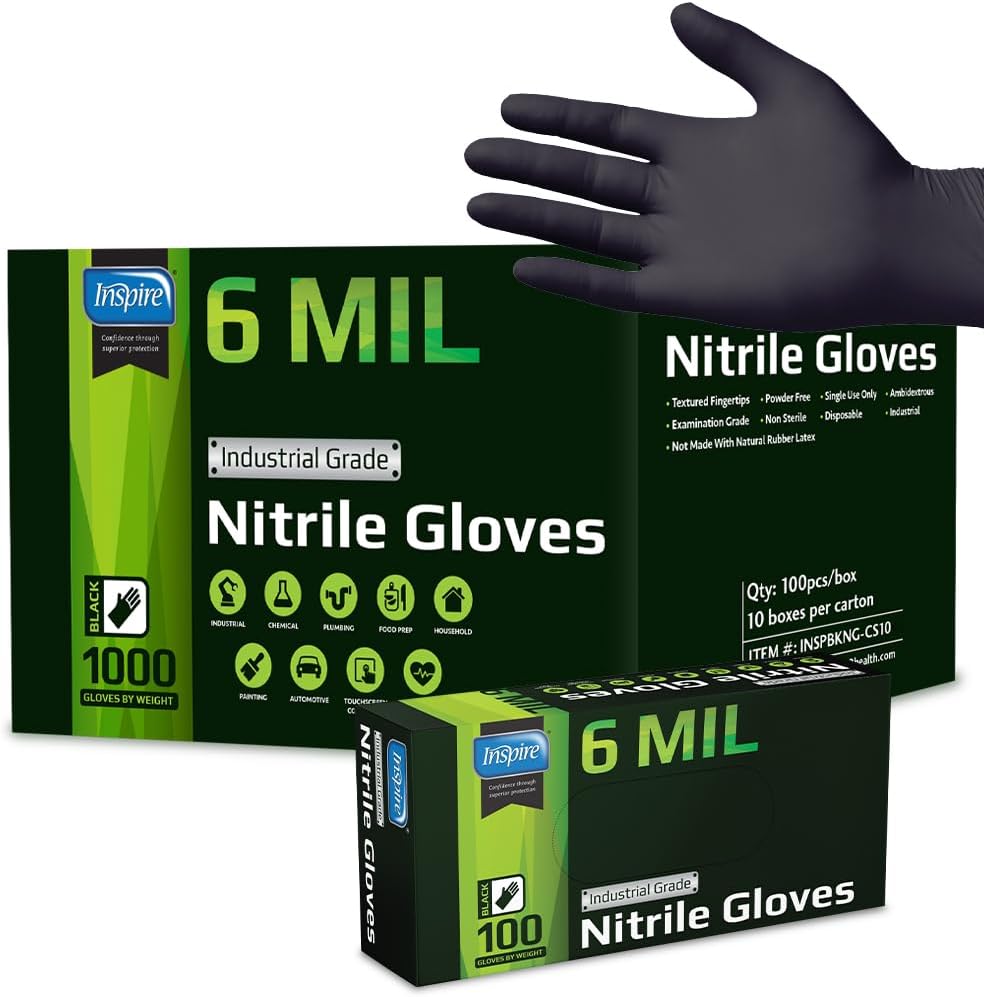 Inspire Black Nitrile Gloves HEAVY DUTY 6 Mil Nitrile Chemical Resistant Medical Cooking Cleaning Disposable Black Gloves