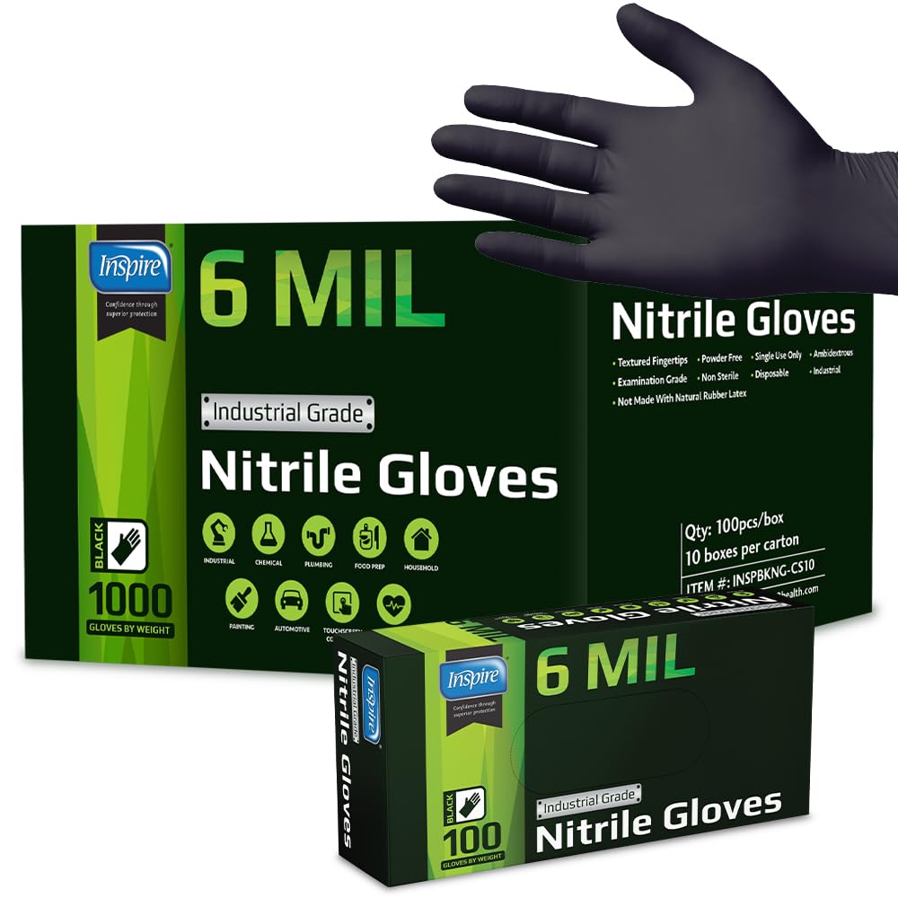 Inspire Black Nitrile Gloves HEAVY DUTY 6 Mil Nitrile Chemical Resistant Medical Cooking Cleaning Disposable Black Gloves