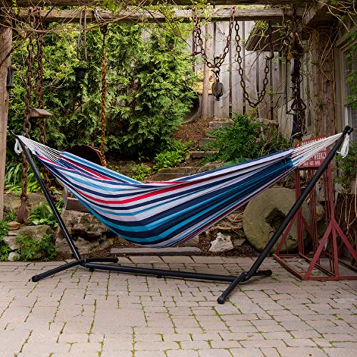 Vivere Double Hammock with Space Saving Steel Stand, Natural (450 lb Capacity - Premium Carry Bag Included)