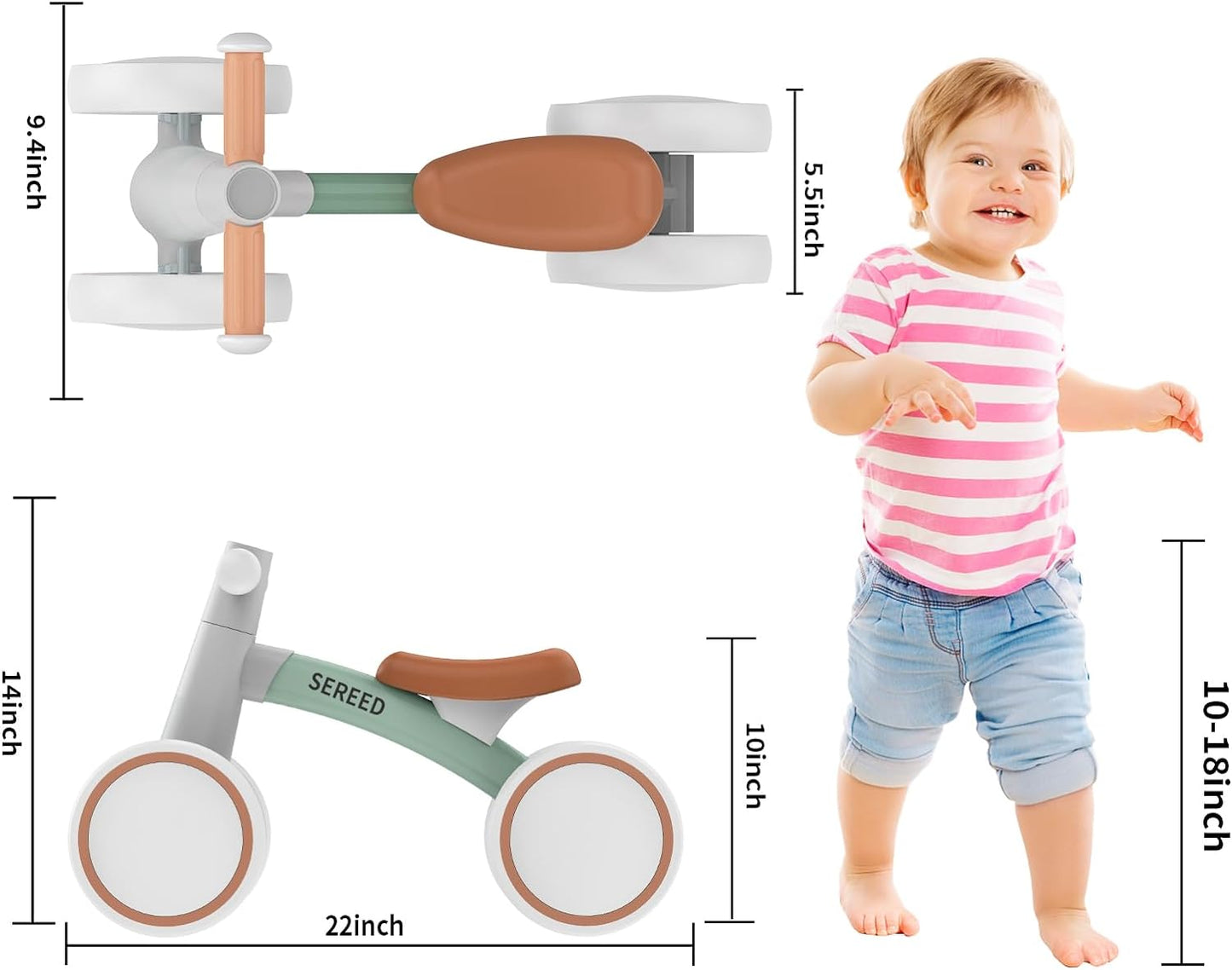 SEREED Baby Balance Bike for 1 Year Old Boys Girls 12-24 Month Toddler Balance Bike, 4 Wheels Toddler First Bike, First Birthday Gifts