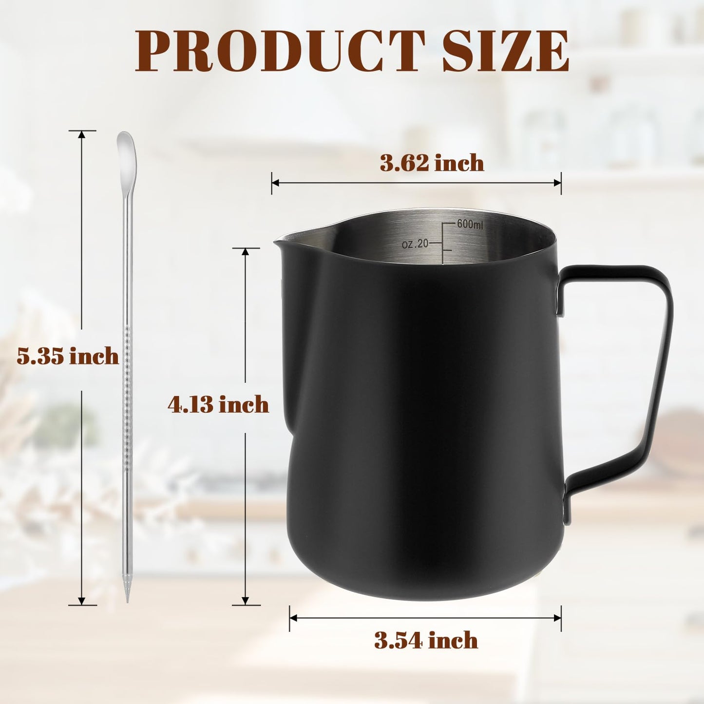 Milk Frothing Pitcher, 12oz Milk Frother Cup with Clear Scale, 304 Stainless Steel Cappuccino Espresso Machine Accessories for Barista Coffee Bar with Latte Art Pen, Black