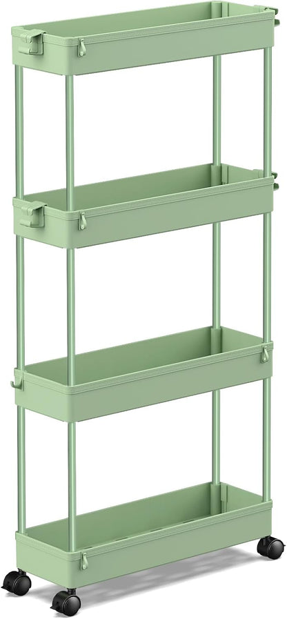 SPACEKEEPER Slim Rolling Storage Cart 4 Tier Bathroom Organizer Utility Cart Mobile Shelving Unit Tower Rack for Kitchen, Laundry Room, Bathroom, Narrow Places, Green