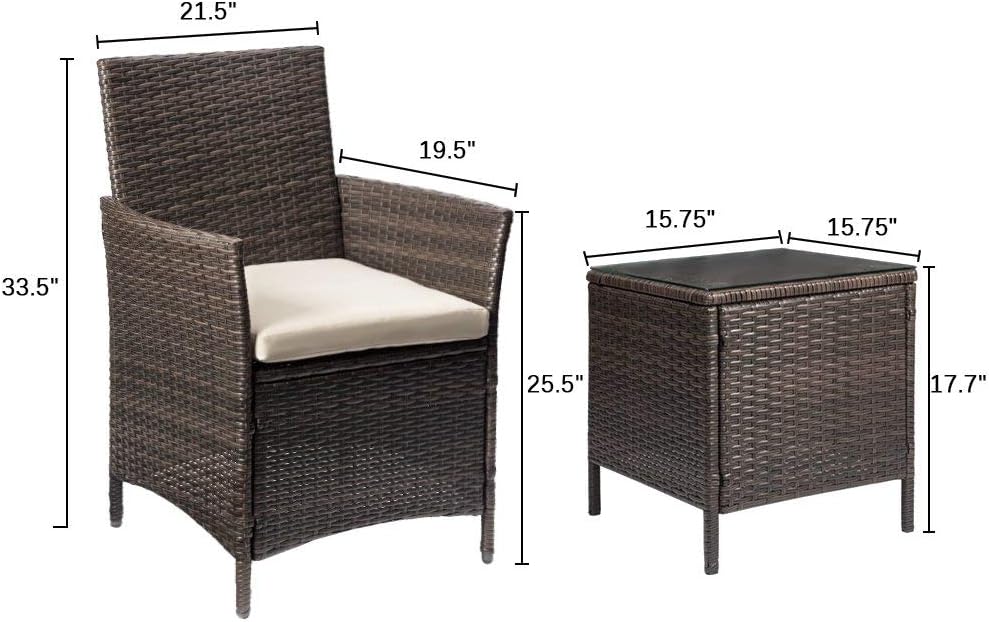 Devoko Patio Porch Furniture Sets 3 Pieces PE Rattan Wicker Chairs with Table Outdoor Garden Furniture Sets (Brown/Beige)