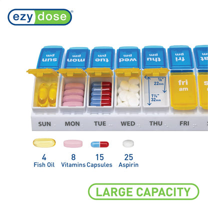 EZY DOSE Weekly (7-Day) AM/PM Pill Case, Medicine Planner, Vitamin Organizer Box, Small Pop-out Compartments, 2 Times a Day, Blue and Purple Lids, BPA Free