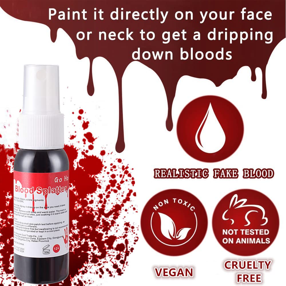 Go Ho Blood Splatter Fake Blood Washable(2.1 oz),Halloween Fake Blood Spray Eye Blood Drops Body Paint,Fake Blood for Clothes and Zombie Monster Vampire Clown Costume Cosplay Makeup,1PC