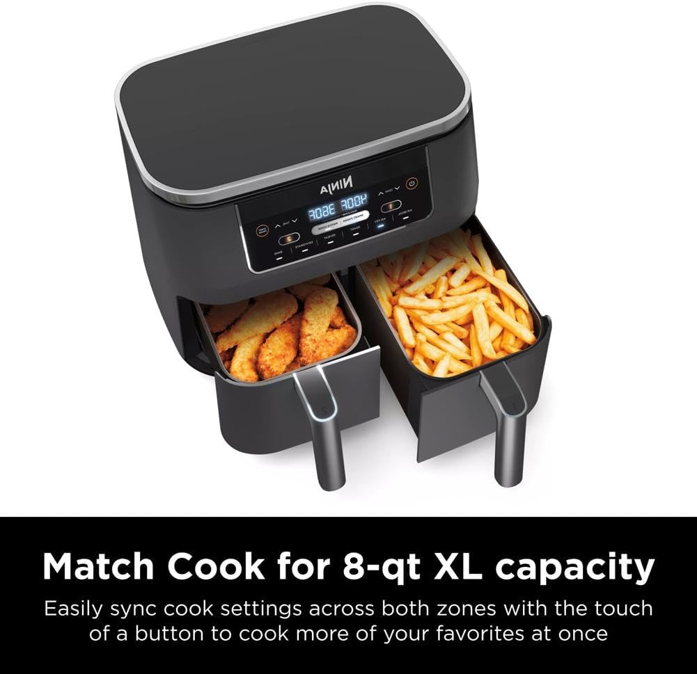 Ninja DZ201 Foodi 8 Quart 6-in-1 DualZone 2-Basket Air Fryer with 2 Independent Frying Baskets, Match Cook & Smart Finish to Roast, Broil, Dehydrate & More for Quick, Easy Meals, Grey