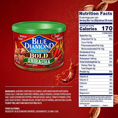 Blue Diamond Almonds Sriracha Flavored Snack Nuts, 6 Oz Resealable Can (Pack of 1)