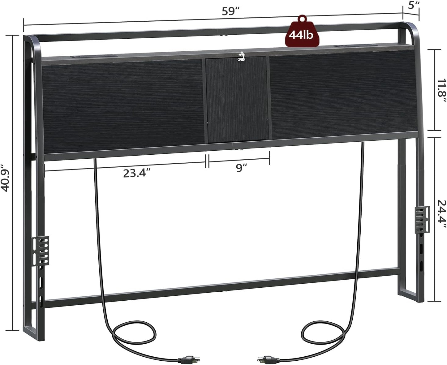 Headboard Queen Size, Headboard with 4 Outlets and 4 USB Ports, Industrial Headboard with Flip Door and Bed Frame Adapter, Height Adjustable, Black