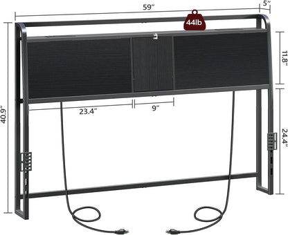 Headboard Queen Size, Headboard with 4 Outlets and 4 USB Ports, Industrial Headboard with Flip Door and Bed Frame Adapter, Height Adjustable, Black