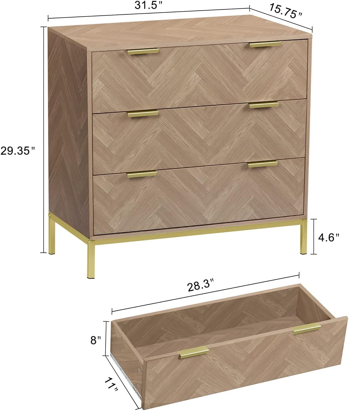 Anmytek Modern 3 Drawer Chest Dresser, Mid Century Natural Oak Organizer Bedroom Furniture with Gold Metal Legs H0037