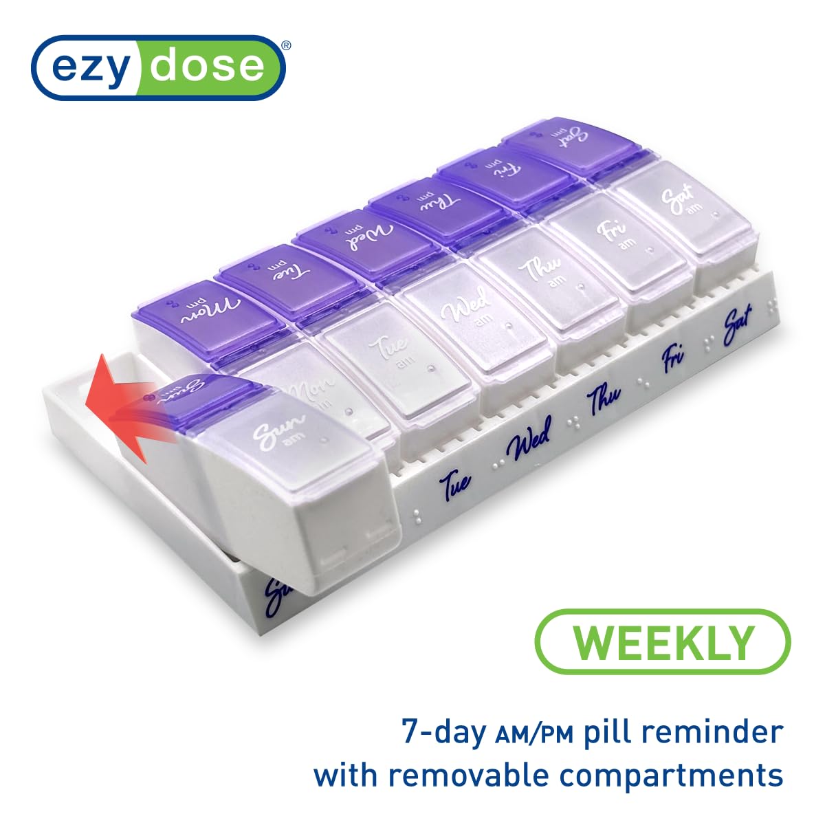 EZY DOSE Weekly (7-Day) AM/PM Pill Case, Medicine Planner, Vitamin Organizer Box, Small Pop-out Compartments, 2 Times a Day, Blue and Purple Lids, BPA Free