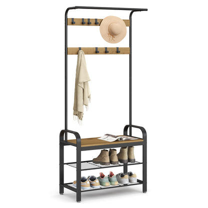 VASAGLE Coat Rack, Hall Tree with Shoe Bench for Entryway, Entryway Bench with Coat Rack, 4-in-1, with 9 Removable Hooks, a Hanging Rod, 13.3 x 28.3 x 72.1 Inches, Honey Brown and Black UHSR040B05