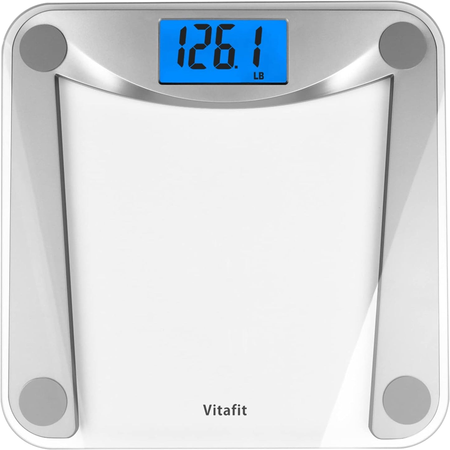 Vitafit Digital Bathroom Scale for Body Weight,Weighing Professional Since 2001,Extra Large Blue Backlit LCD and Step-On, Batteries Included, 400lb/180kg,Clear Glass,Silver