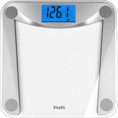 Vitafit Digital Bathroom Scale for Body Weight,Weighing Professional Since 2001,Extra Large Blue Backlit LCD and Step-On, Batteries Included, 400lb/180kg,Clear Glass,Silver