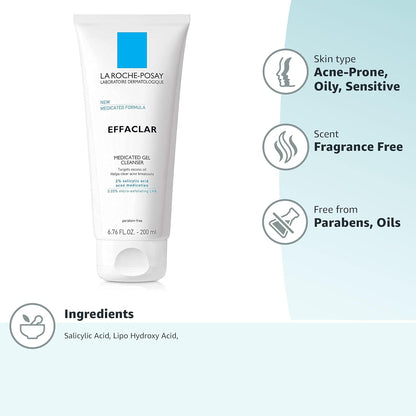 La Roche-Posay Effaclar Medicated Gel Cleanser | 2% Salicylic Acid Cleanser + LHA + Glycerin | Foaming Acne Face Wash | Helps Clear & Prevent Acne Breakouts | Oil Free Acne Wash | Targets Excess Oil